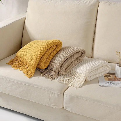 Textured Knitted Diamond Decorative Throw Blanket with Fringe