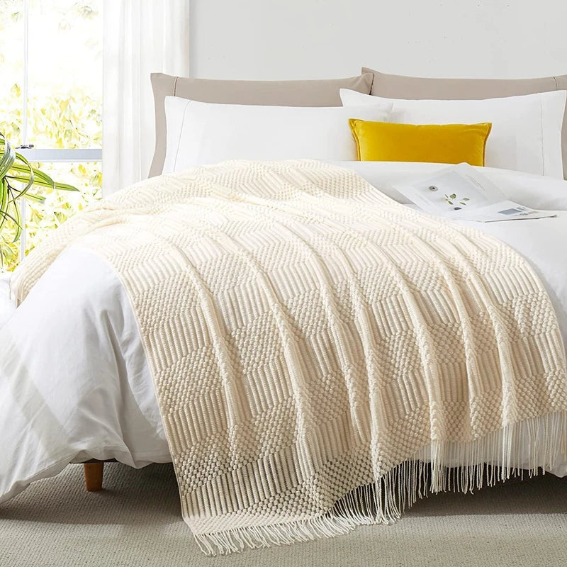 Textured Knitted Diamond Decorative Throw Blanket with Fringe