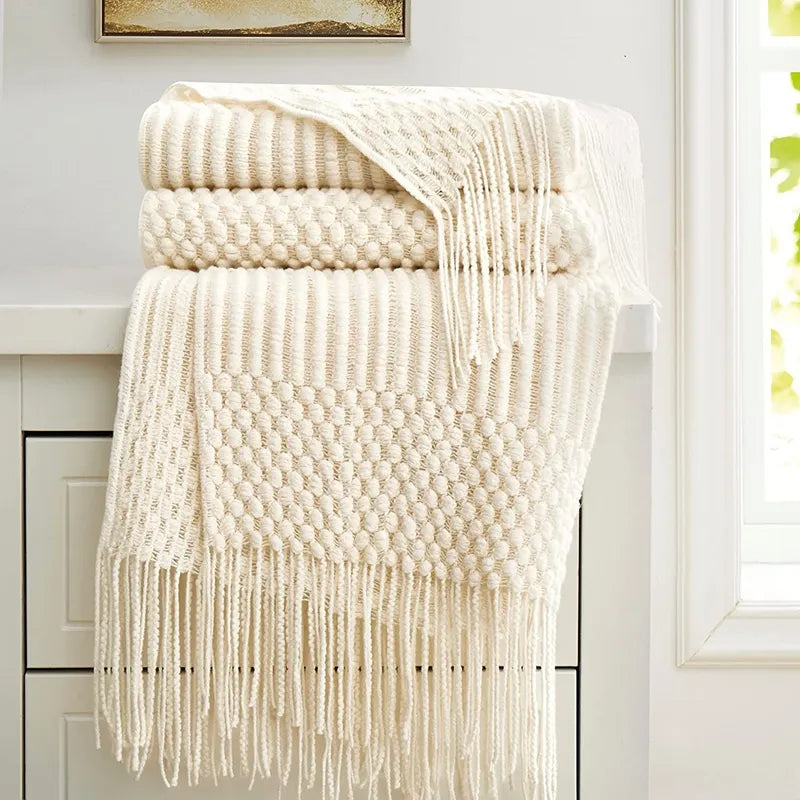 Textured Knitted Diamond Decorative Throw Blanket with Fringe