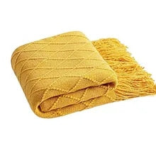 Textured Knitted Diamond Decorative Throw Blanket with Fringe